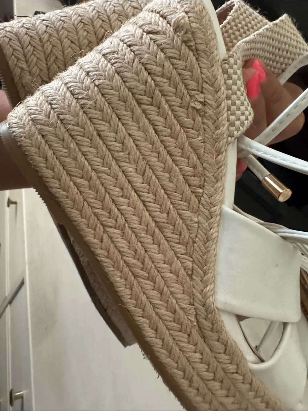 FIONI Clothing Cream Espadrille Wedge Sandals with Ankle Wrap